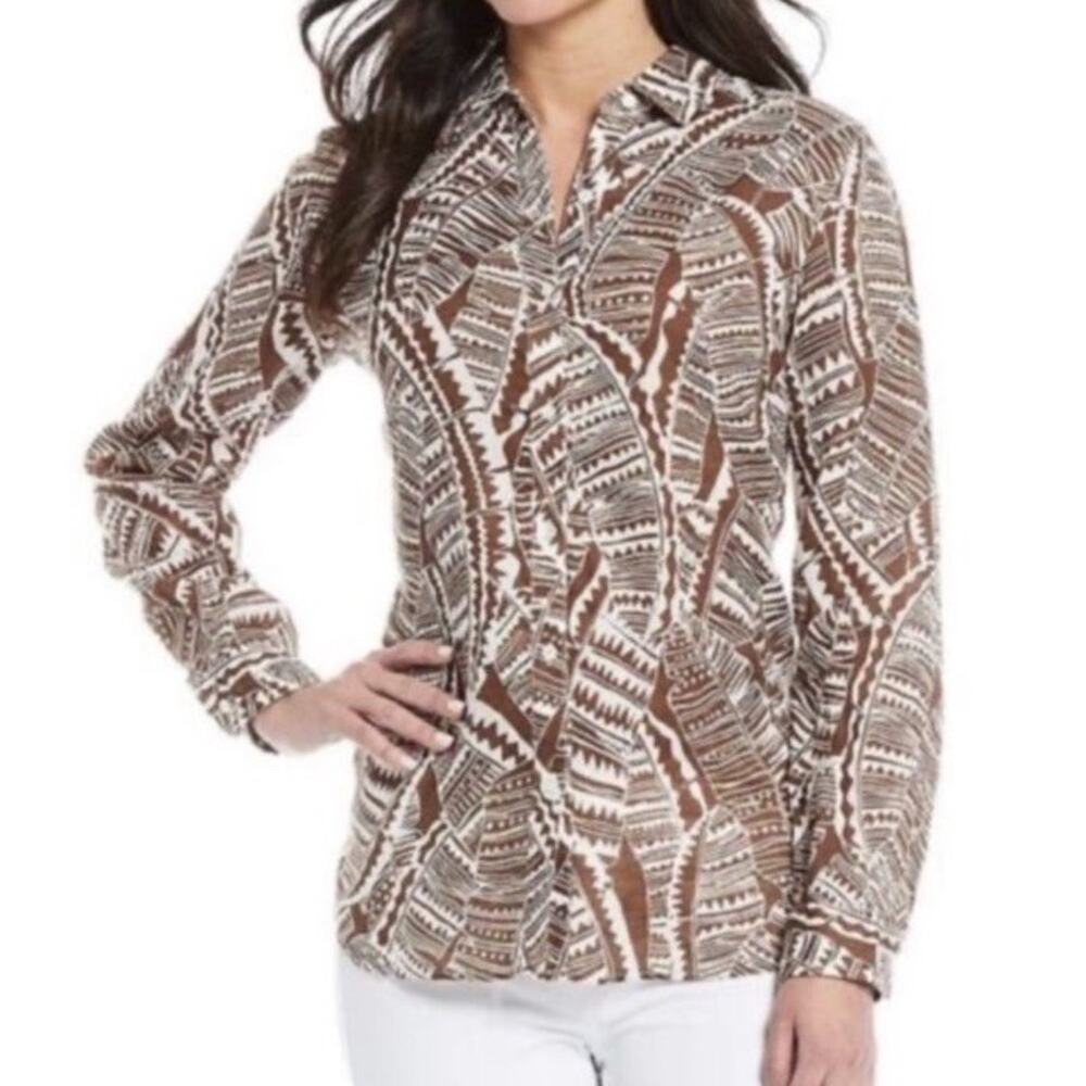 J. McLaughlin 100% Linen Tribal Leaf Print Button Front Tunic Blouse Size XS